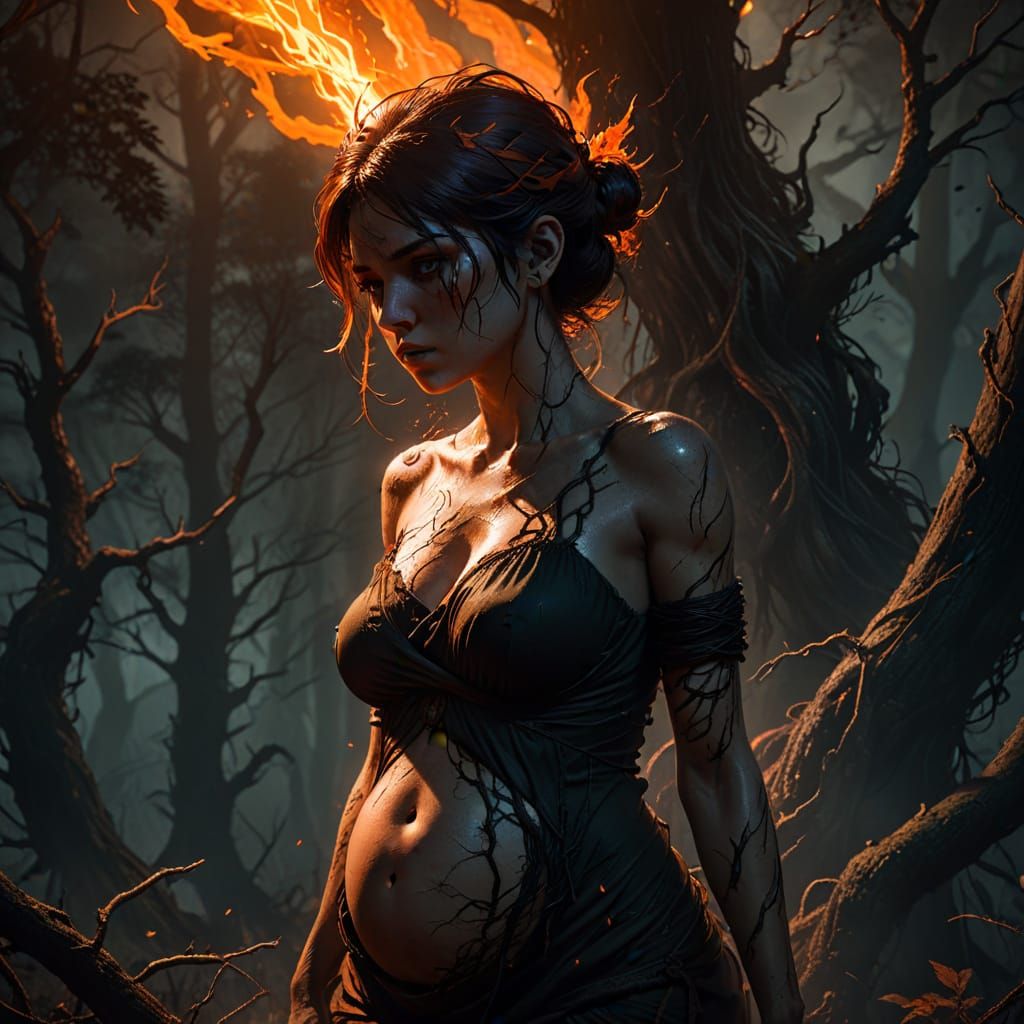 Pregnant Girl in Dark Forest: Anime Art