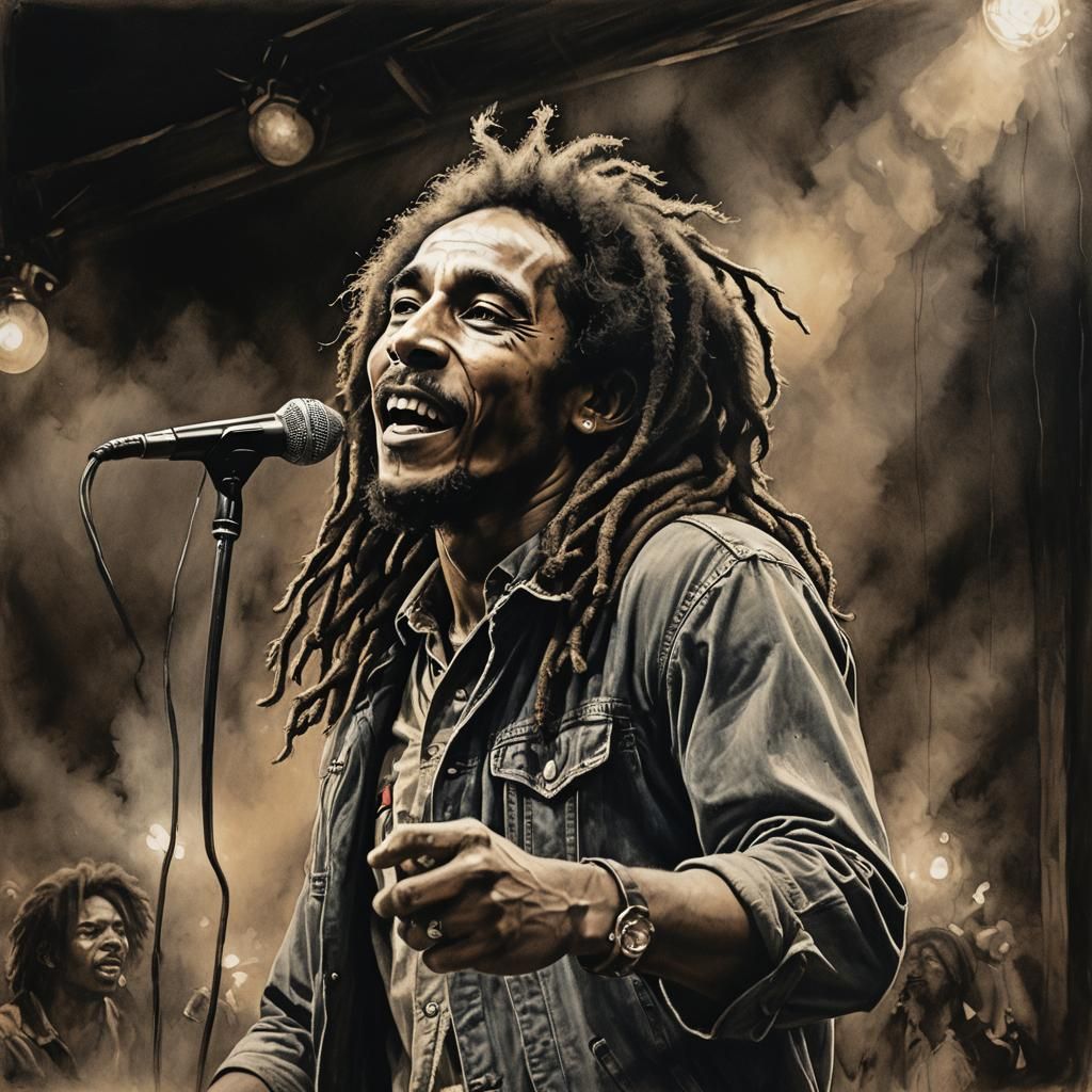Vibrant Charcoal Portrait of Bob Marley on Stage