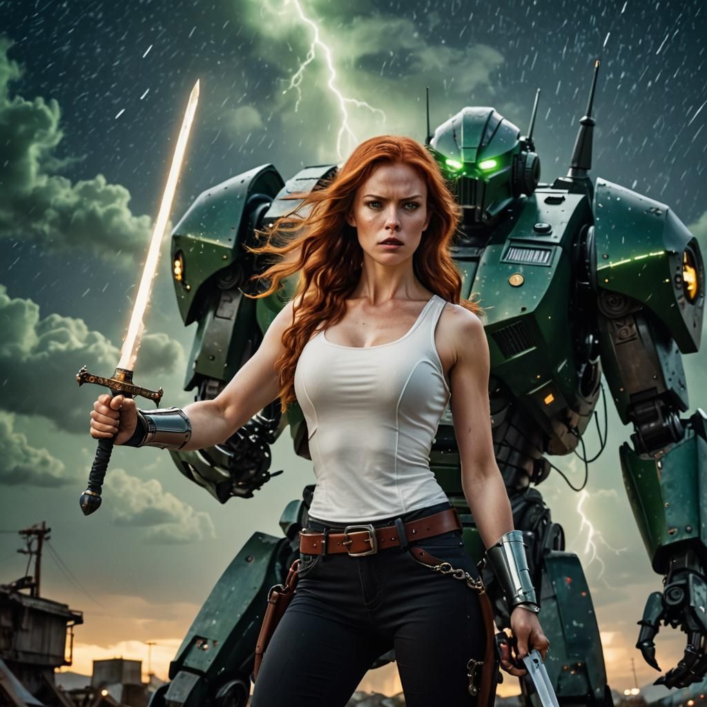 Redhead Warrior Battles Robot in Cinematic Style