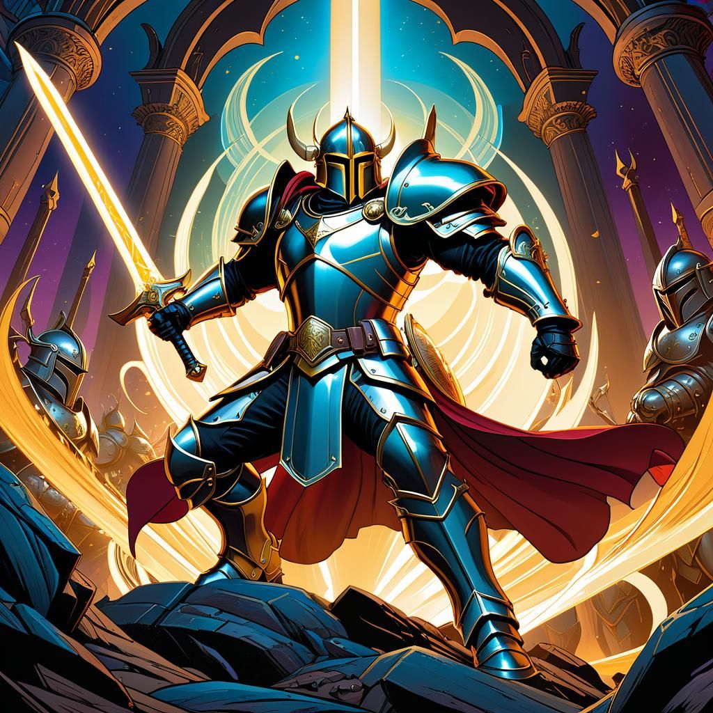 Fantasy Paladin in Battle Pose, Comic Book Style