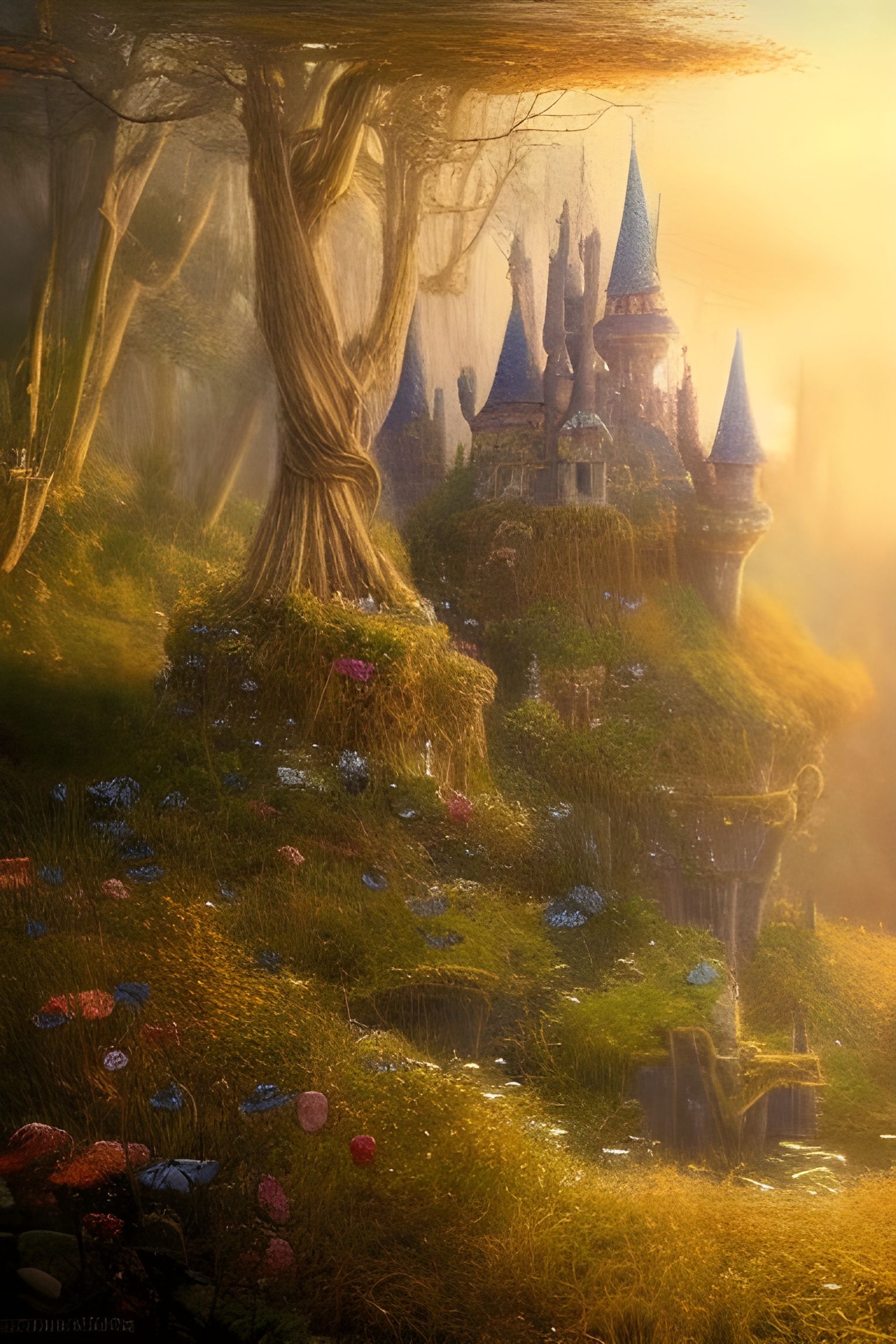 impossible huge fairy castle in a magic forest