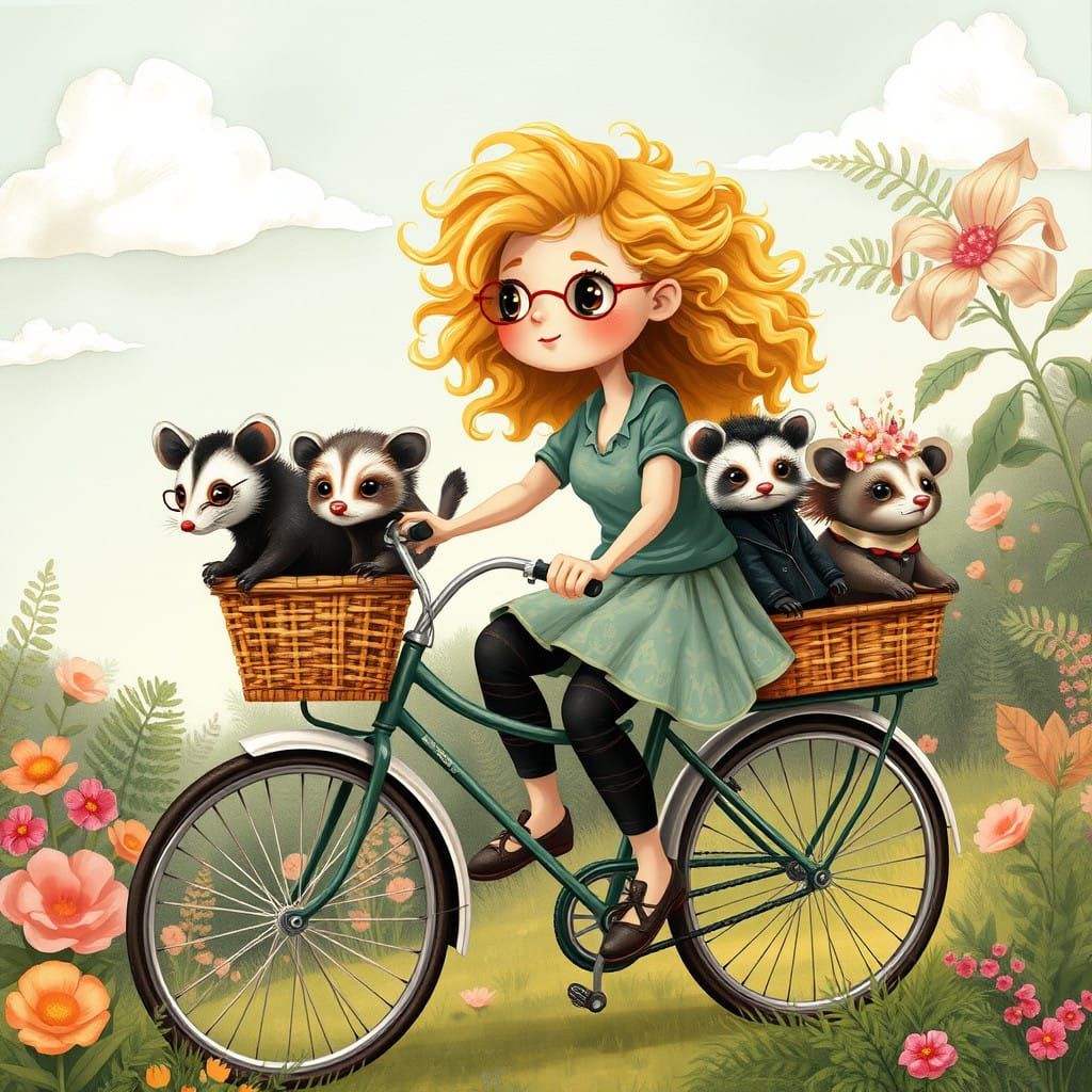 Whimsical Girl Pedals Vintage Bicycle with Fantastical Oposs...