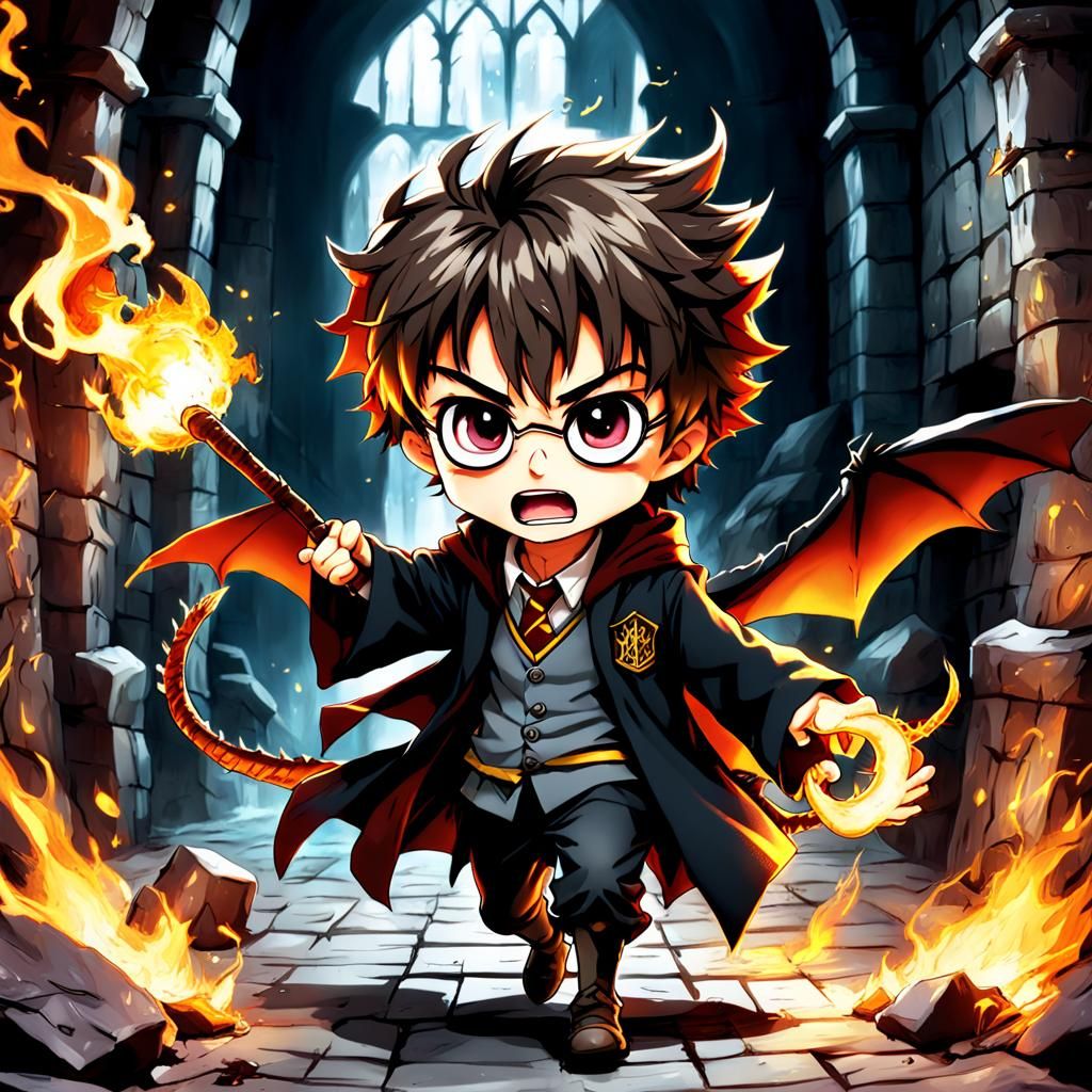 Chibi Dragon as Harry Potter in Anime Style