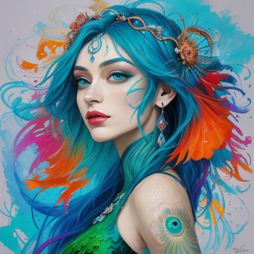 Vibrant Abstract Mermaid Portrait as Dynamic Oil Painting