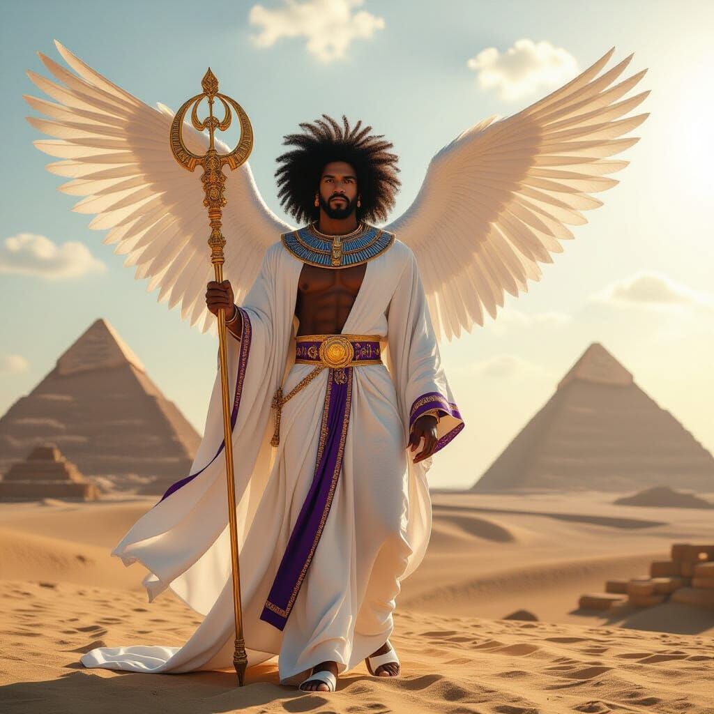 Black Man with Wings and Ankh Staff in Egyptian Sunlight