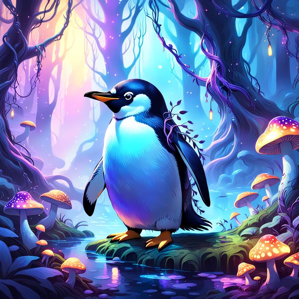 Penguin in Mystical Forest: Fantasy Concept Art
