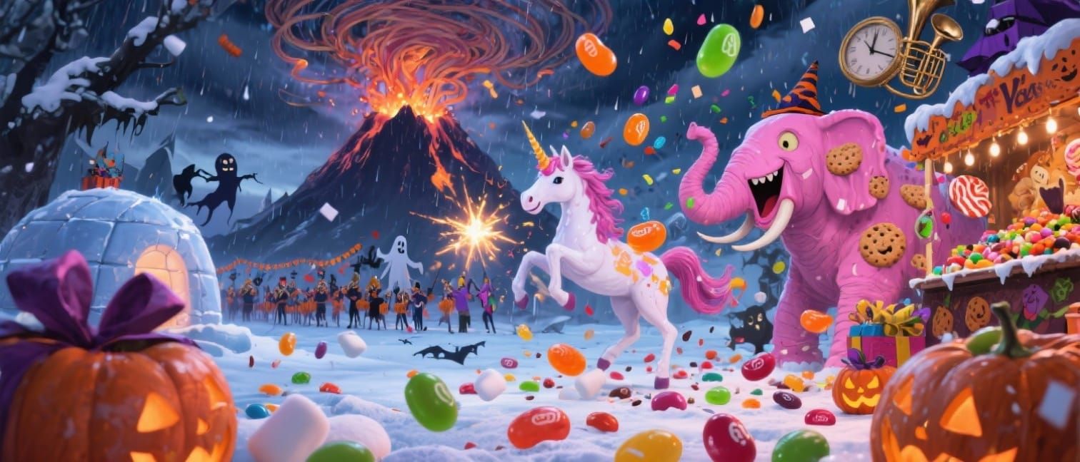 Jellybean Vesuvius Erupts Over Frozen Halloween Wonderland