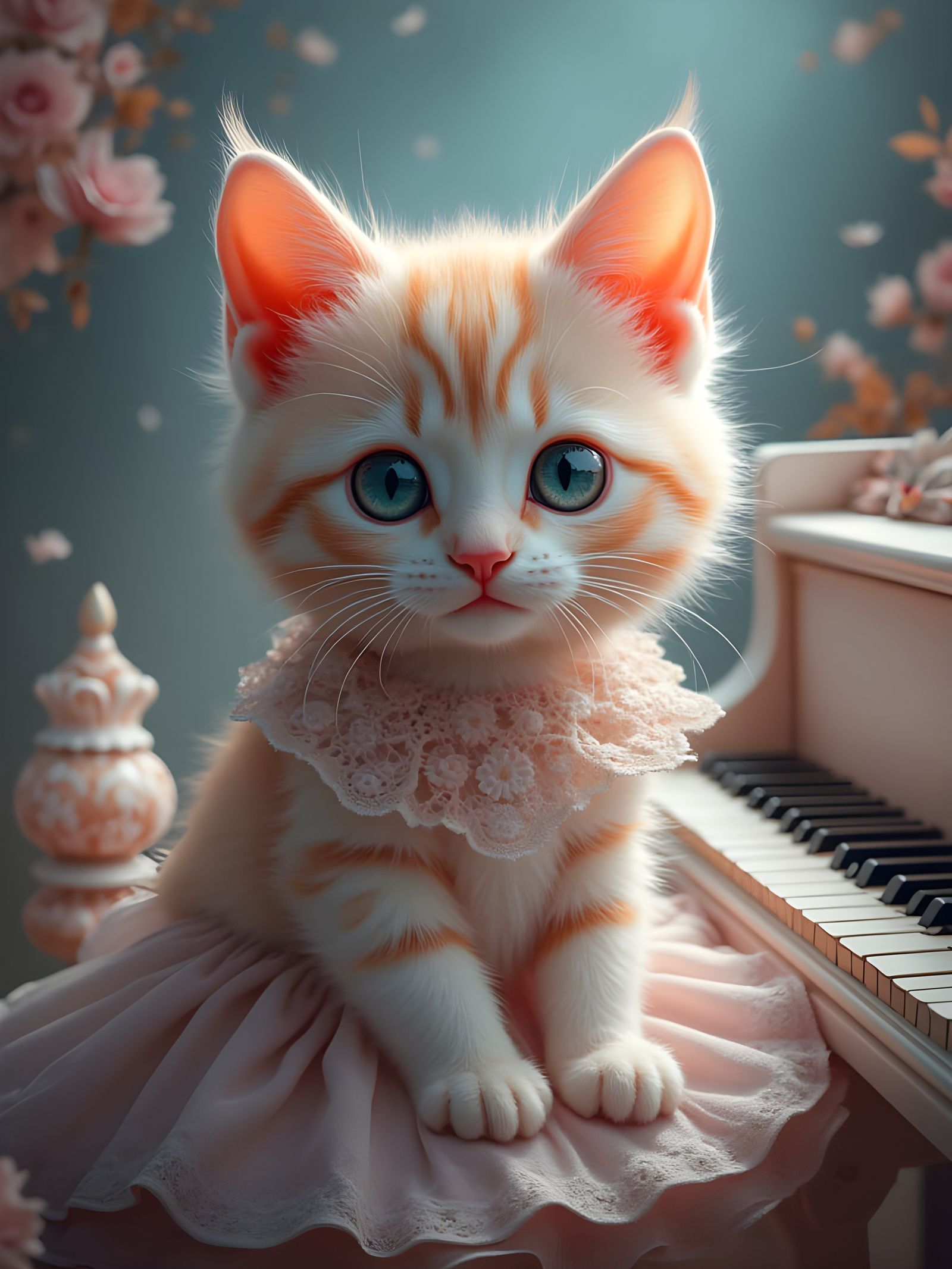 Surreal Pastel Masterpiece with Fluffy Kitty and Baroque Pia...