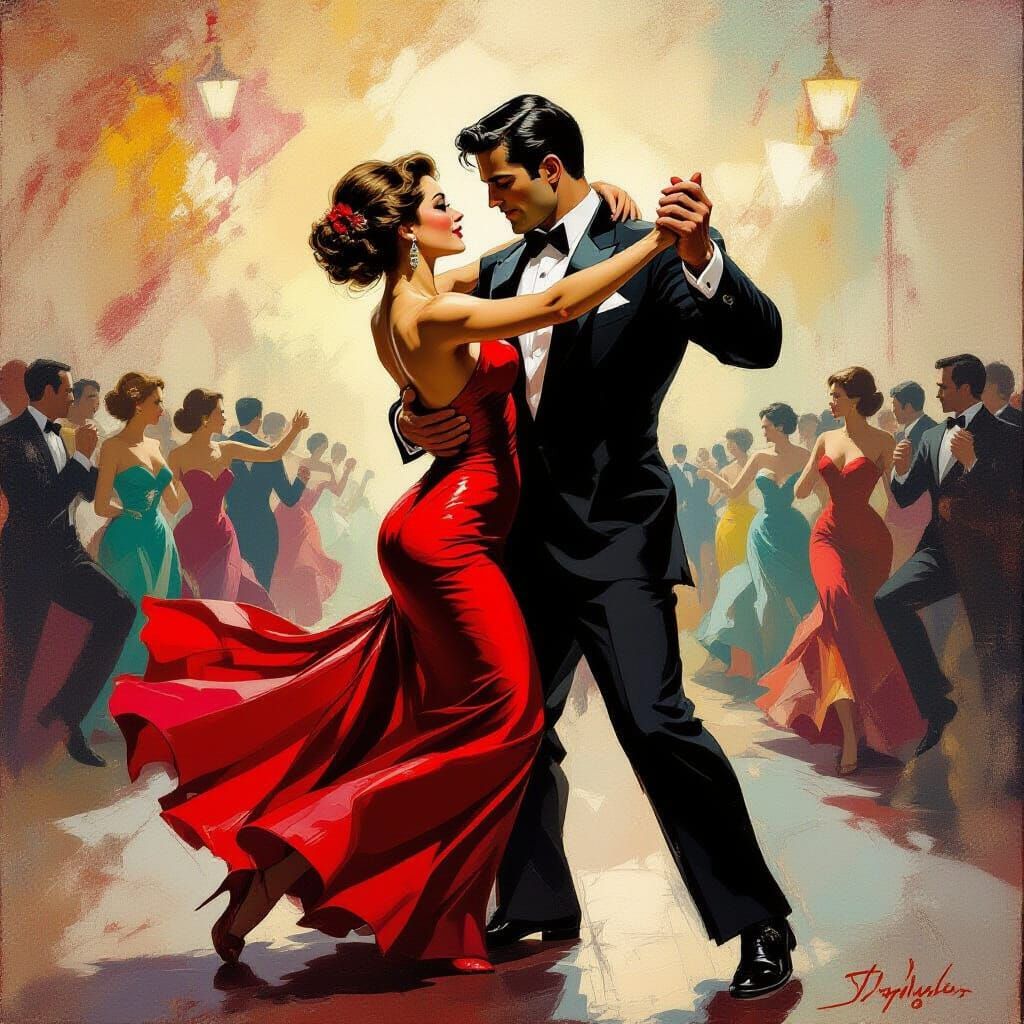 Dramatic Tango Dance in Vintage Poster Art Style