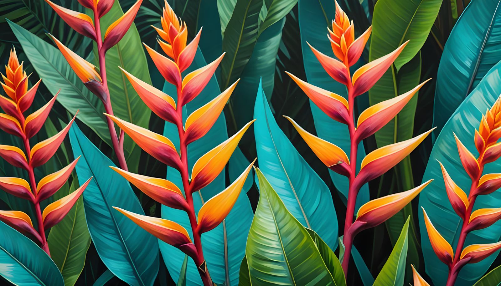 Heliconia Blooms in Yellow and Red Against Teal Foliage