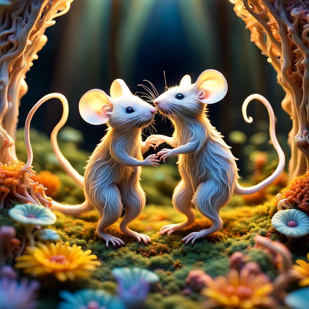 Mice Dancing in Surreal Sun and Moon Flower