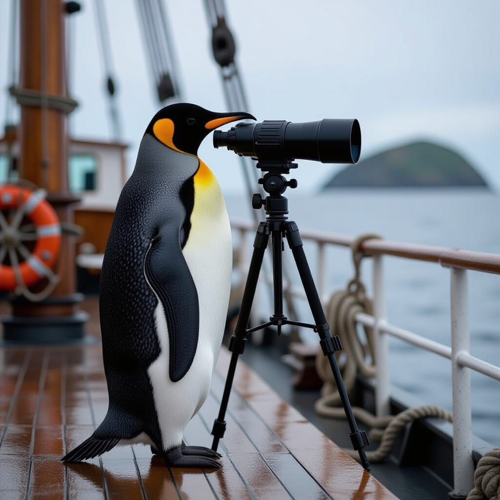Penguin Pirate Sees Island with Spyglass