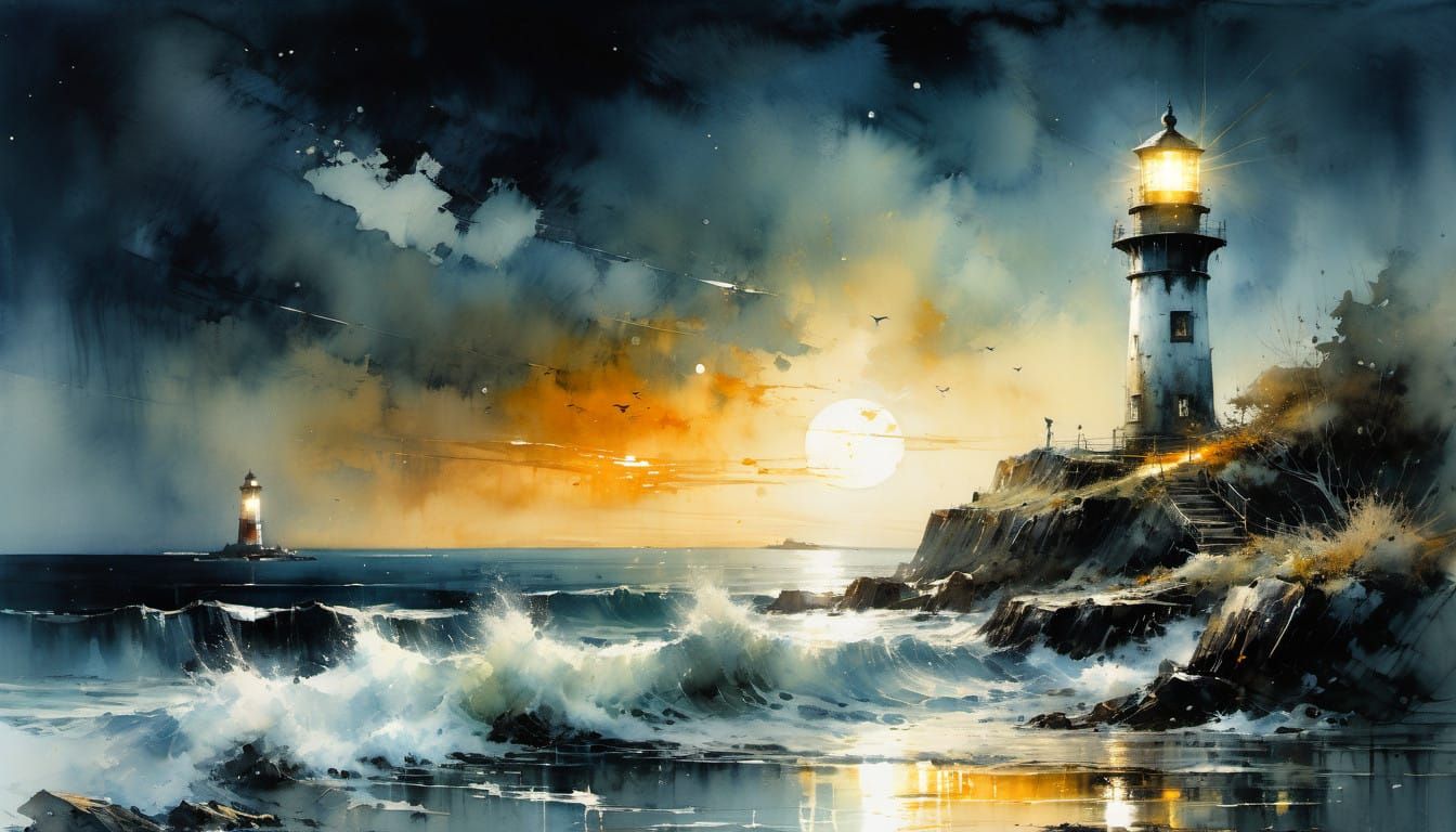 Watercolor Old Lighthouse under Moonlit Sea