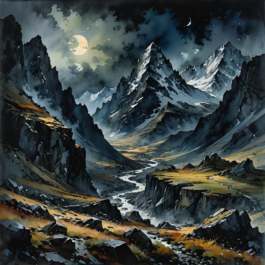 Mystical Mountain Landscape in Watercolor Style