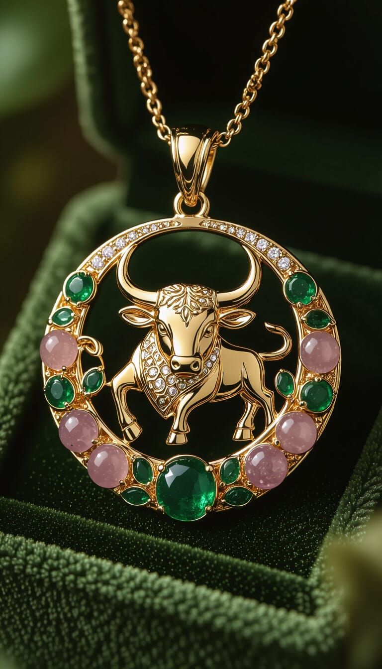 Taurus Bull Pendant with Emeralds and Rose Quartz