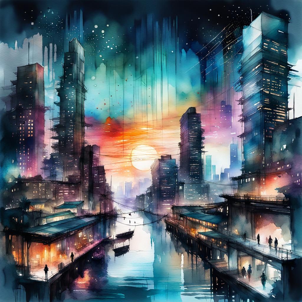 Spectacular Sci-Fi Cityscape in Digital Watercolor