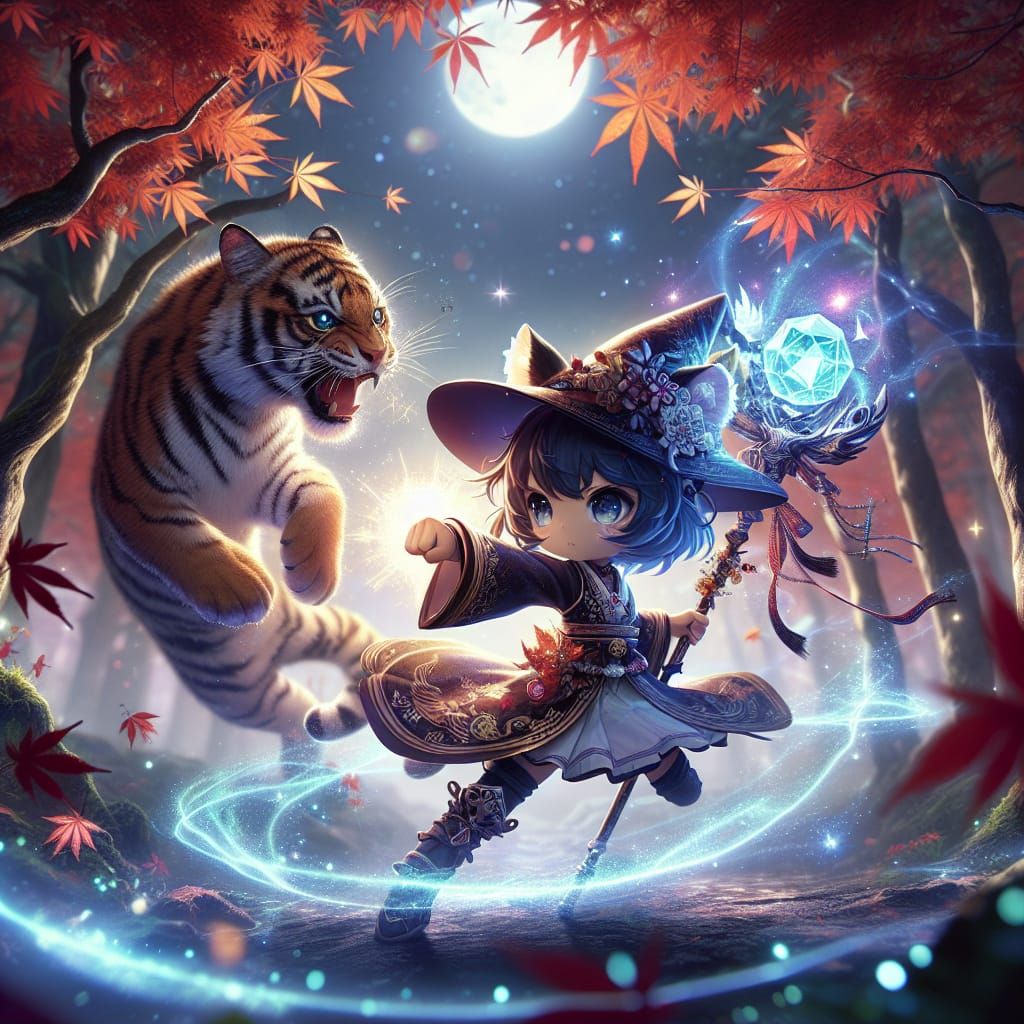 Anime Witch Battles Tiger in Moonlit Forest