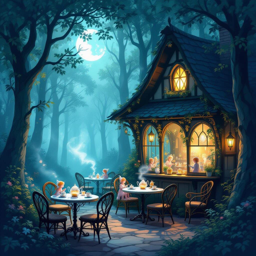 Enchanted Fae Teahouse in Moonlit Forest Clearing