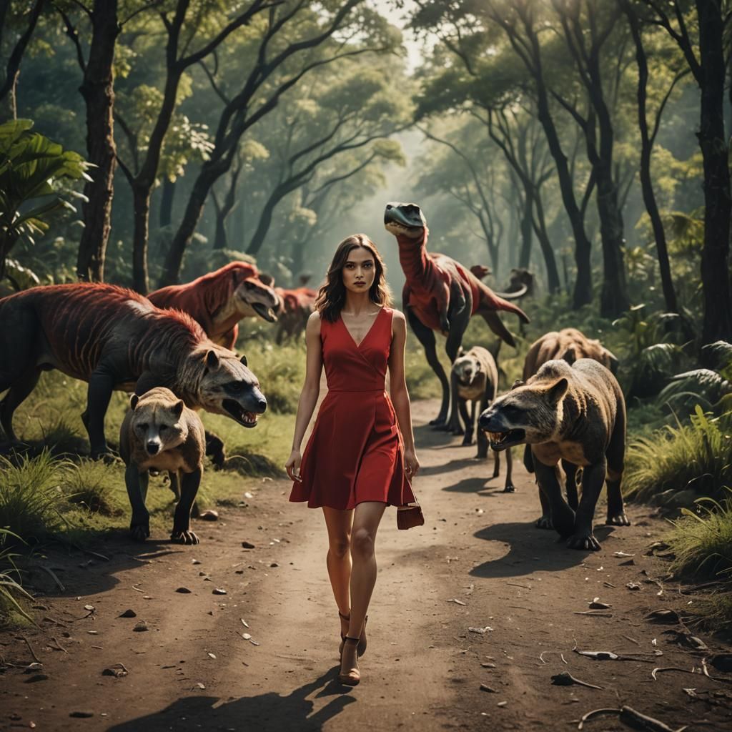 Wild Animals Follow Girl in Red Dress