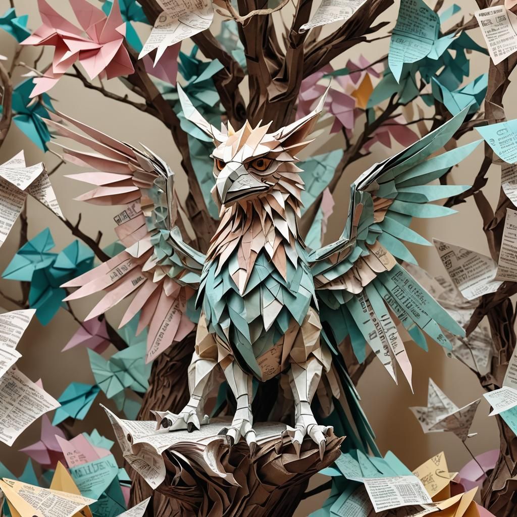 origami griffin in a paper tree