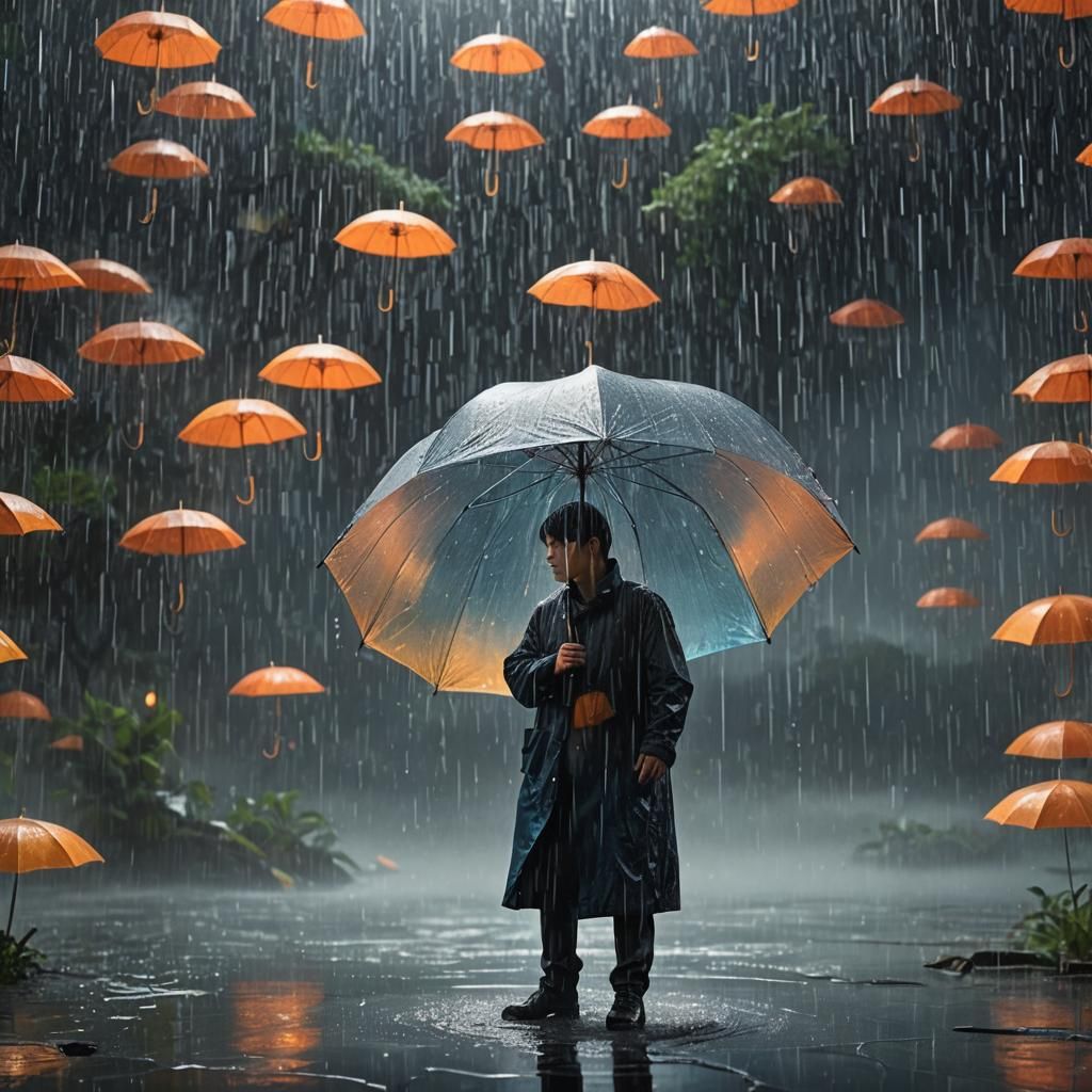 Water Umbrella Shields Figure in Rainy Art Nouveau Scene