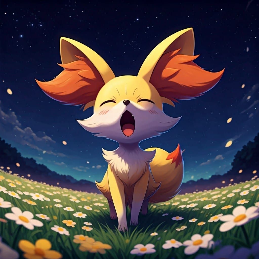 Cute Chibi Fennekin in a Dark Floral Field