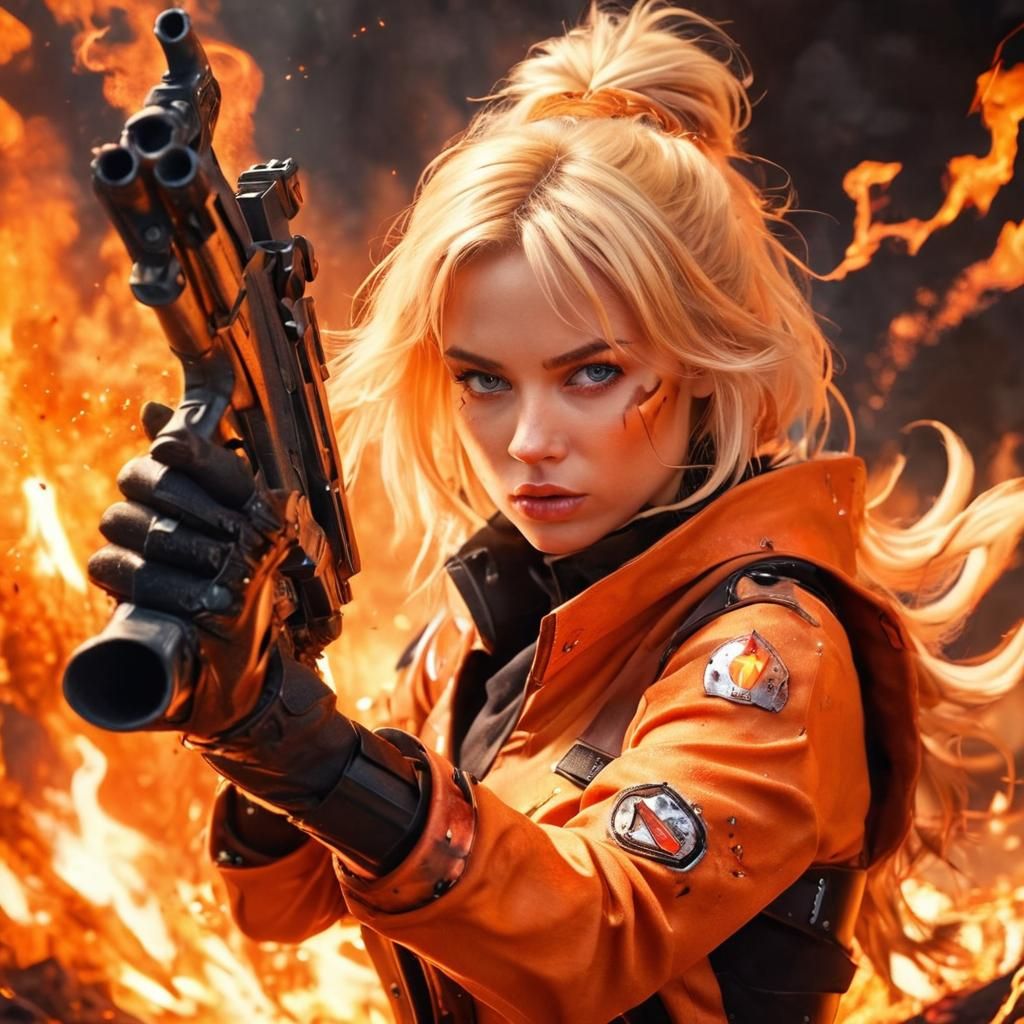 Apocalyptic Blonde Warrior in Fiery Inferno