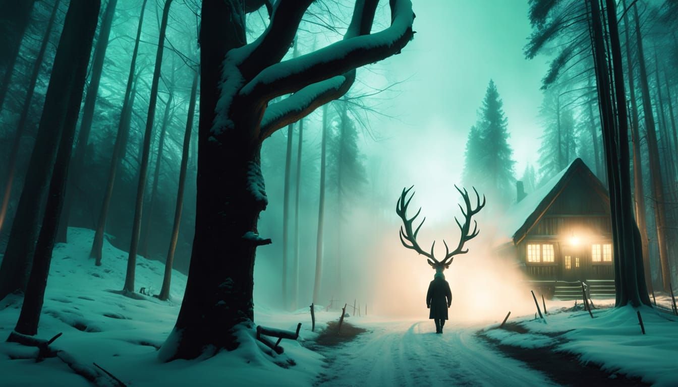 Dark Forest Path With Eerie Green Lights