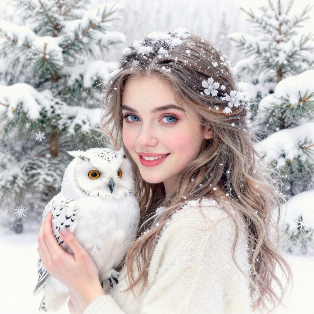 Winter Girl With Owl In Snowy Forest Sketch