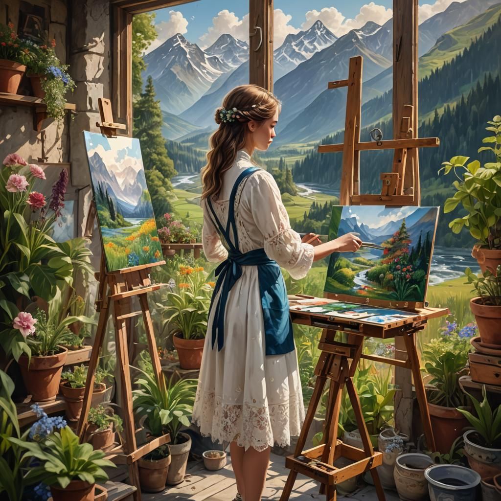 Young Artist in Bohemian Art Room, Matte Painting
