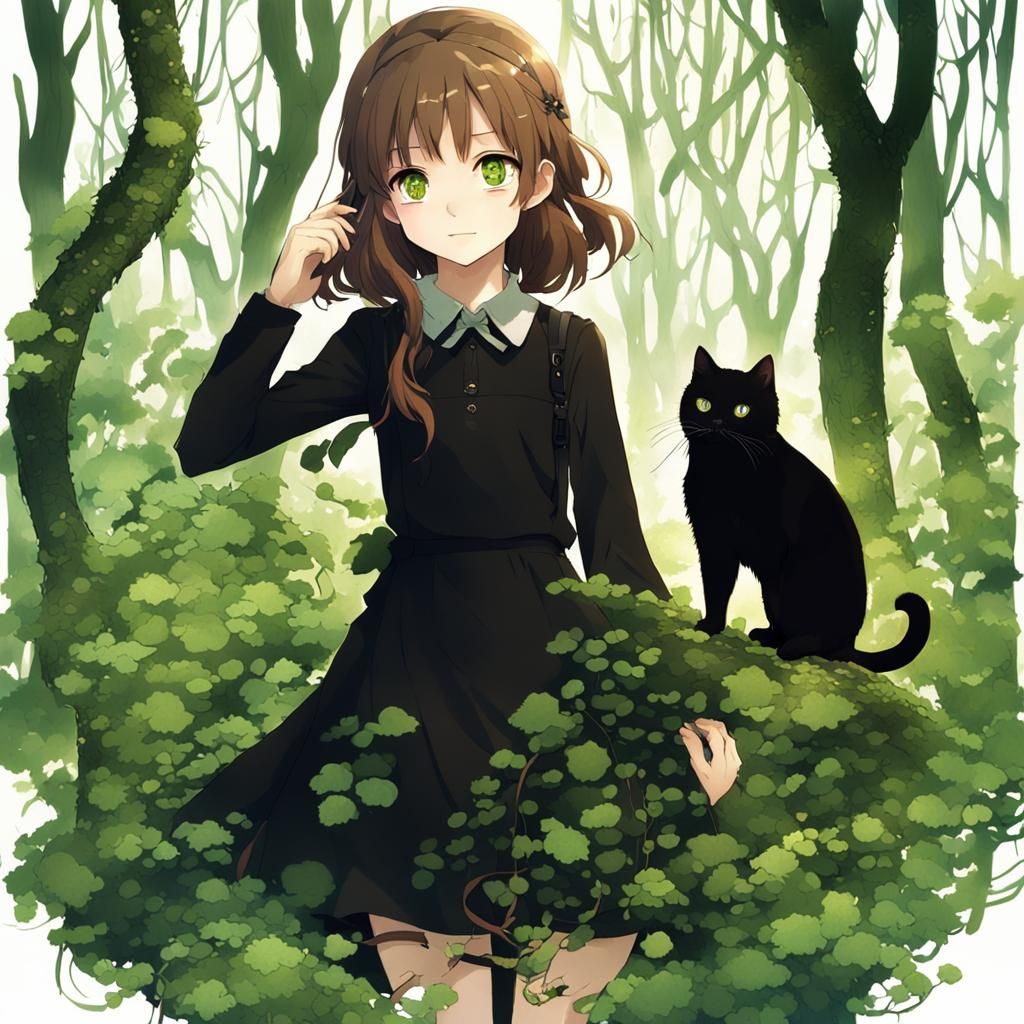 Girl with Cat in Mossy Anime Forest
