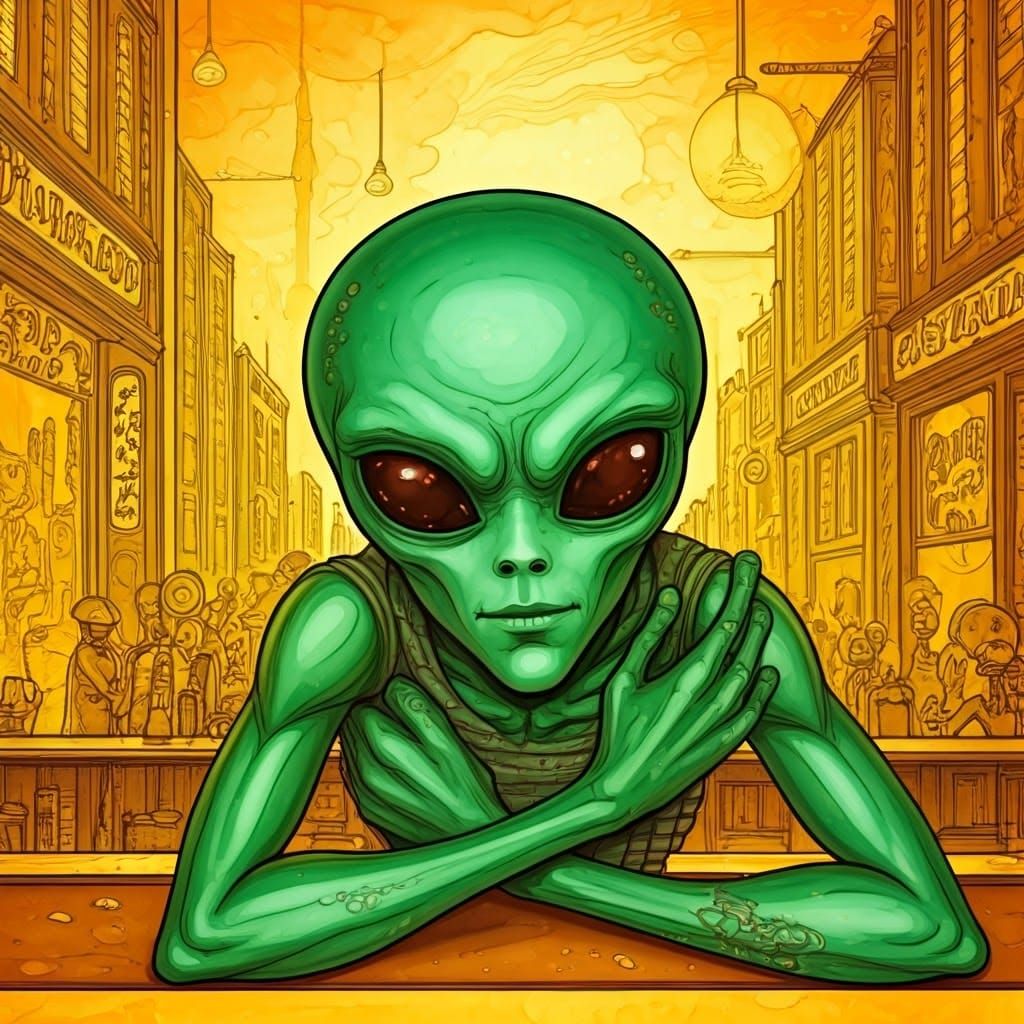 Otherworldly alcohol ink drunk-alien bar city retro steampun...