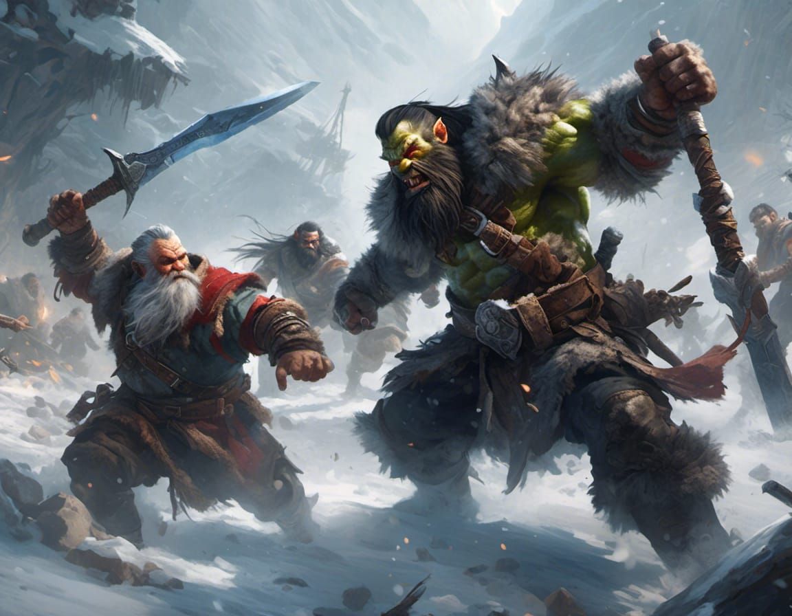 Orc and Dwarf in Snowy Combat, Hyperrealism