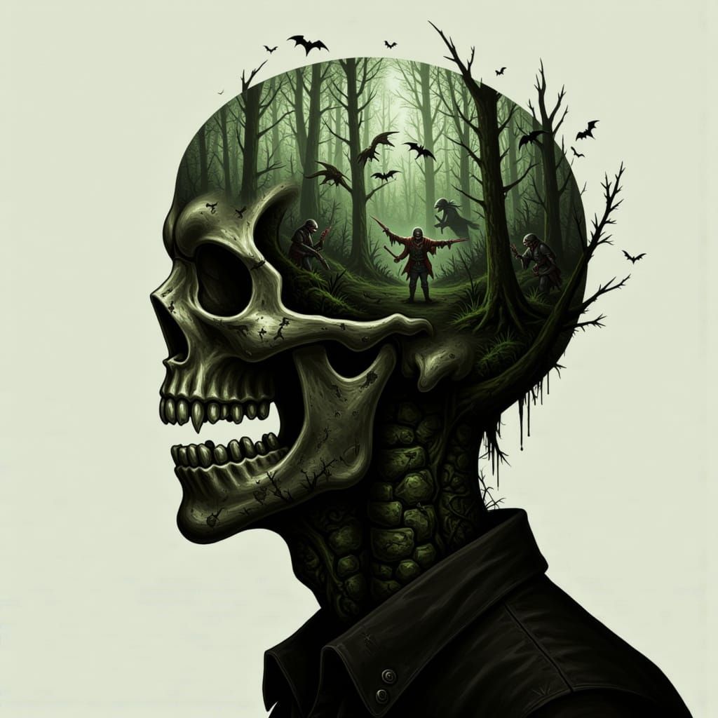 Skull with Forest Silhouette in Digital Art Style