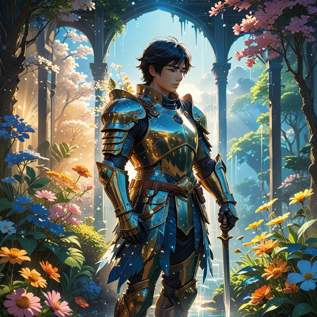 Noble Knight Tends Enchanted Blooms in Moonlit Fantasy Garde...