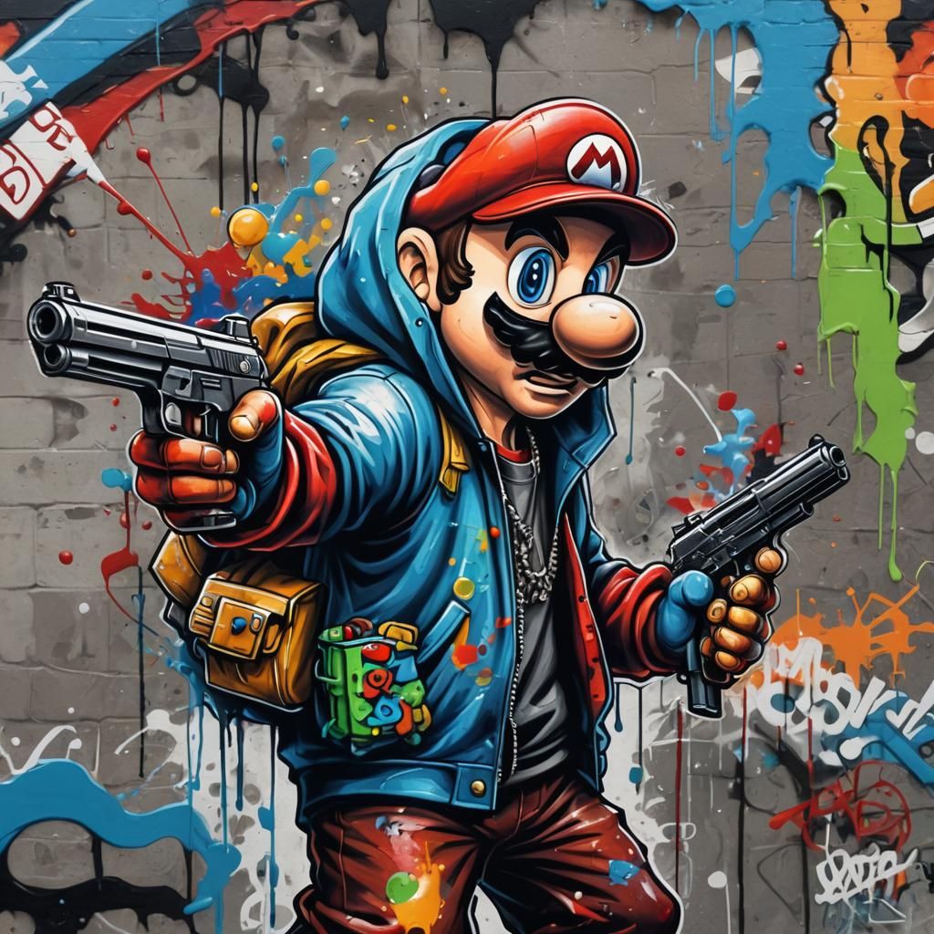 Gangster Mario with Gun in Graffiti Street Art
