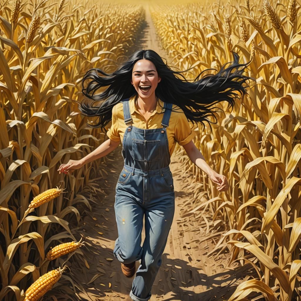 Girl Runs Free in Cornfield: Hyperrealistic Splash Art