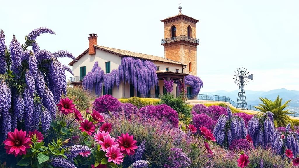 Mediterranean Villa with Lavender Blooms and Wisteria