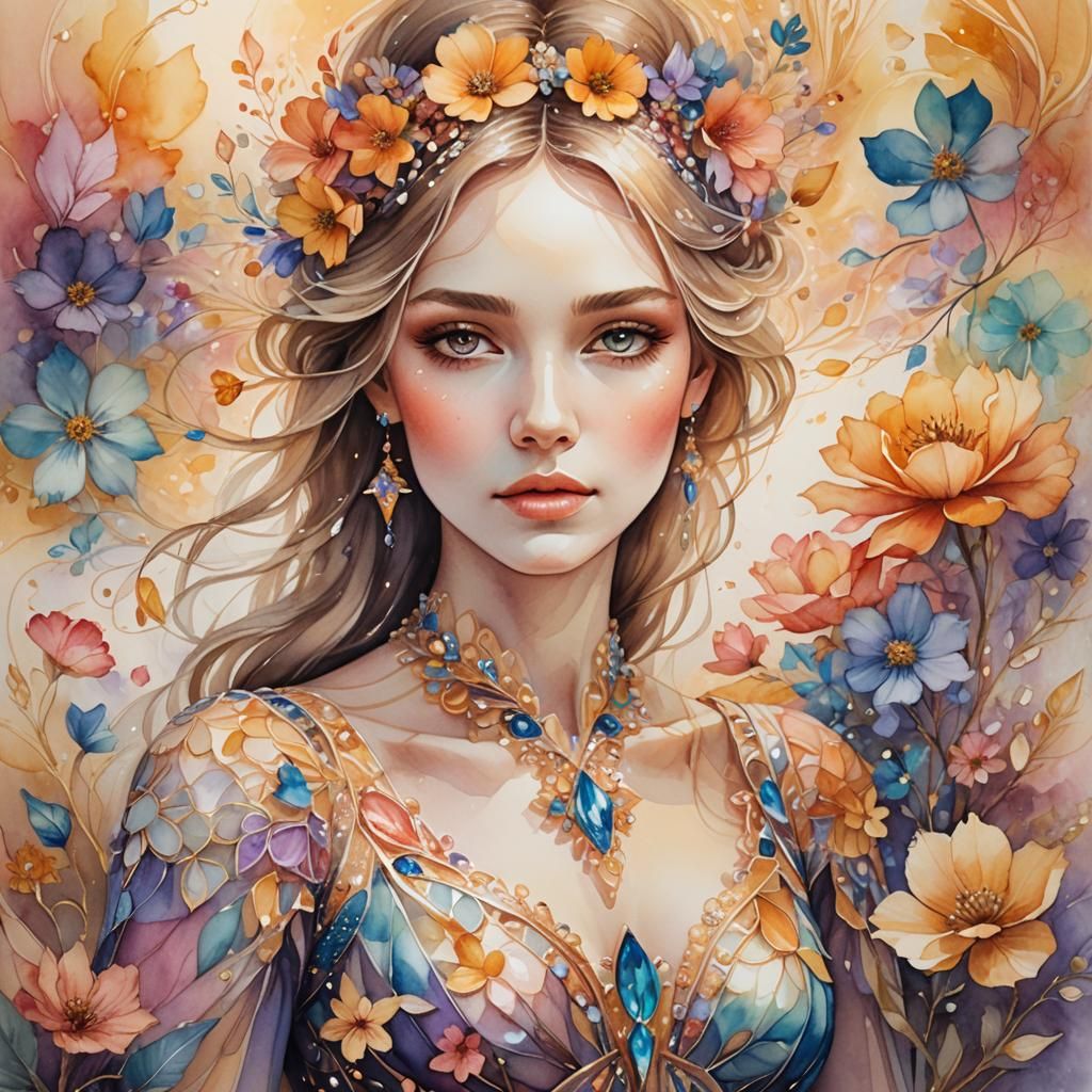 Crystal Girl Surrounded by Watercolour Flowers