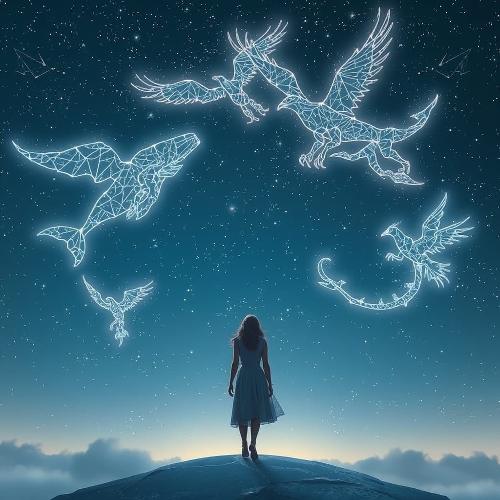 Celestial Creatures in Cosmic Sky: A Digital Painting