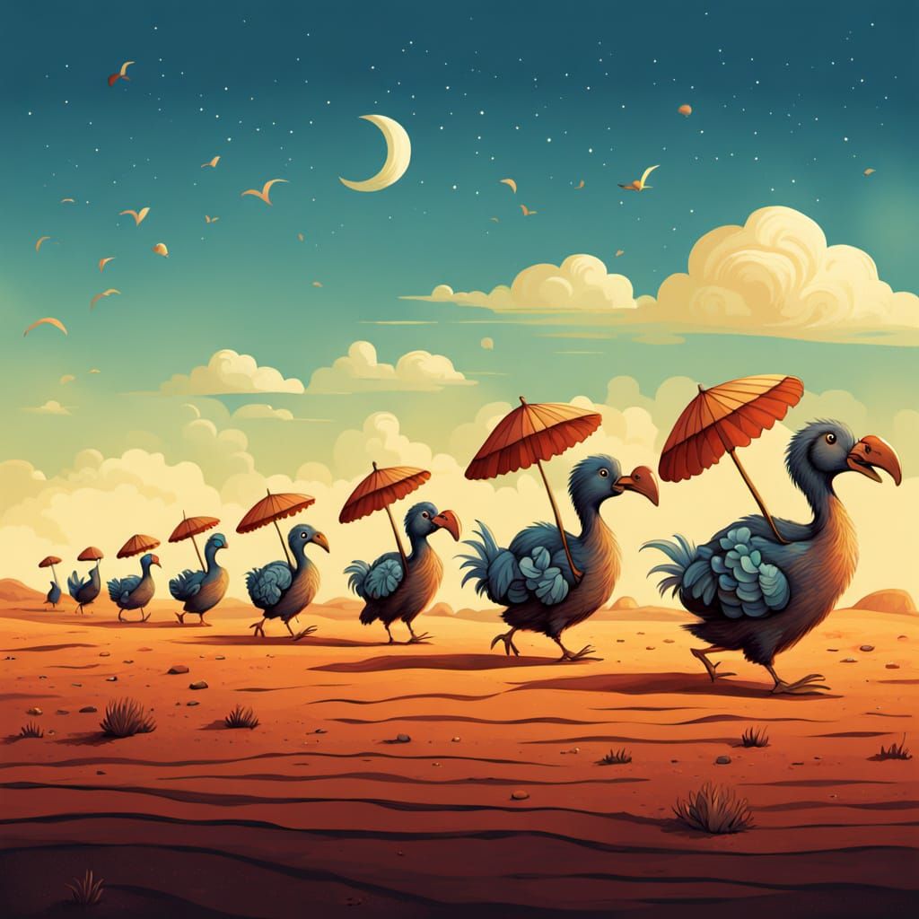 Whimsical Birds Parade Through Desert Landscape