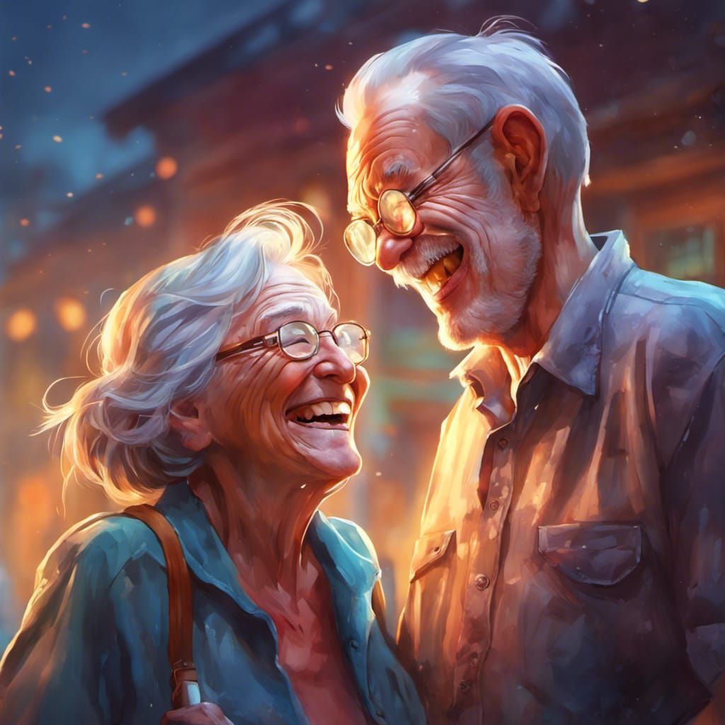 Laughing Elderly Couple in Vivid Digital Art