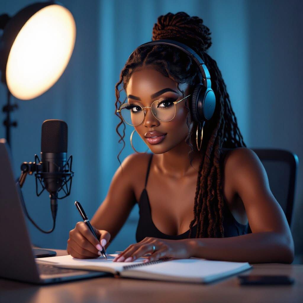 Realistic Portrait of a Black Woman Writing Podcast Notes