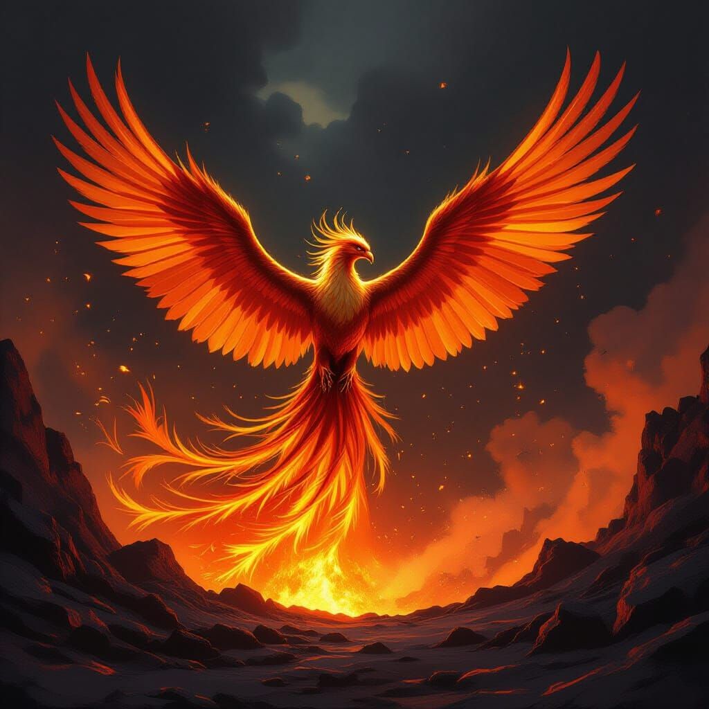 Majestic Phoenix Erupts From Molten Gold Crater