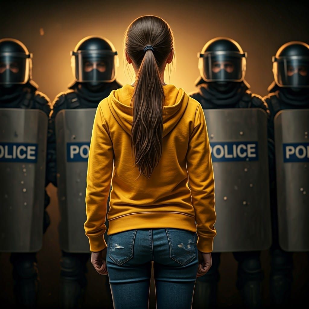 Young Girl Faces Riot Police in a Tense Standoff