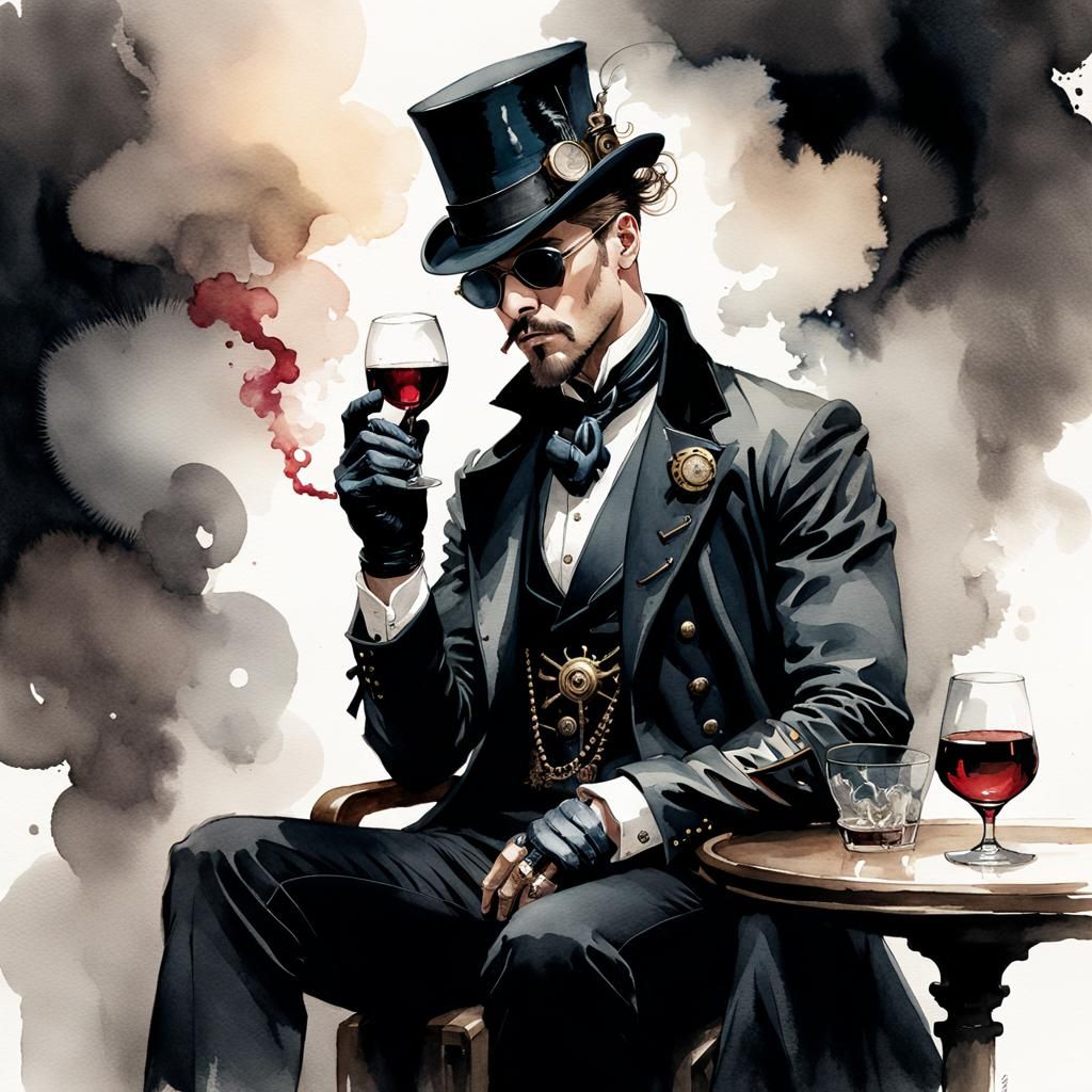 Steampunk Outlaw Portrait in Watercolor and Ink