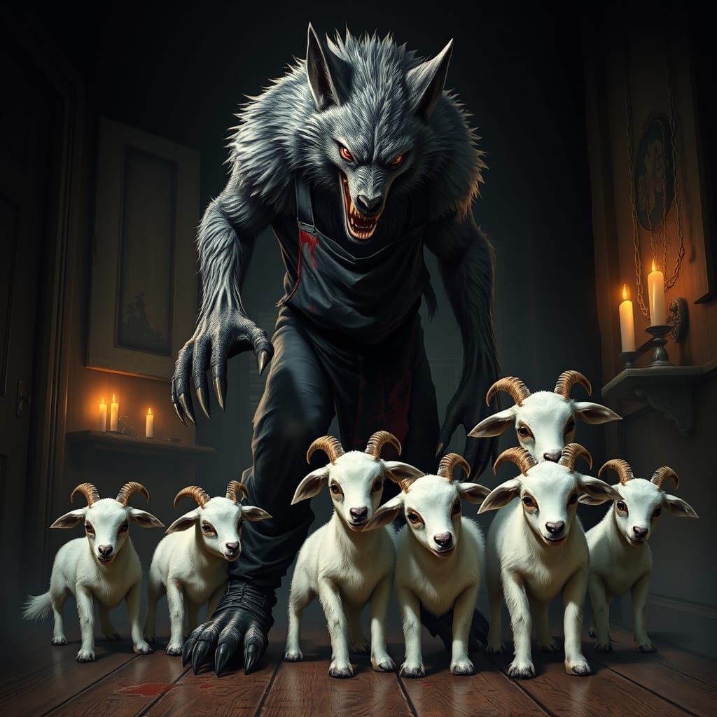 Menacing Wolf Figure Illustration in Dramatic Double Exposur...