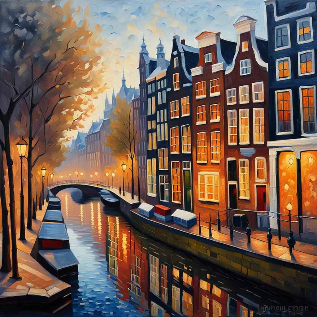Amsterdam Canals in Expressionist Neo-Impressionism Style