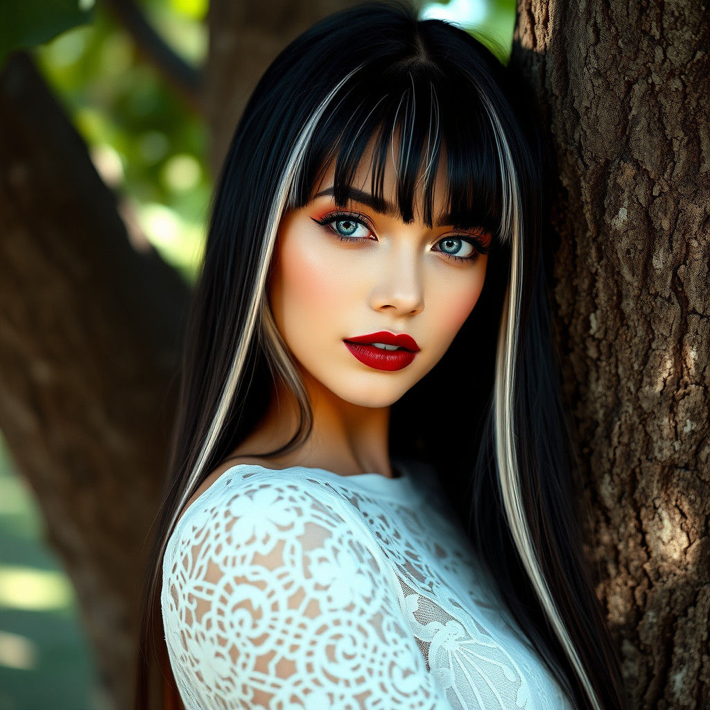 Woman with Black and White Hair in Watercolor Style