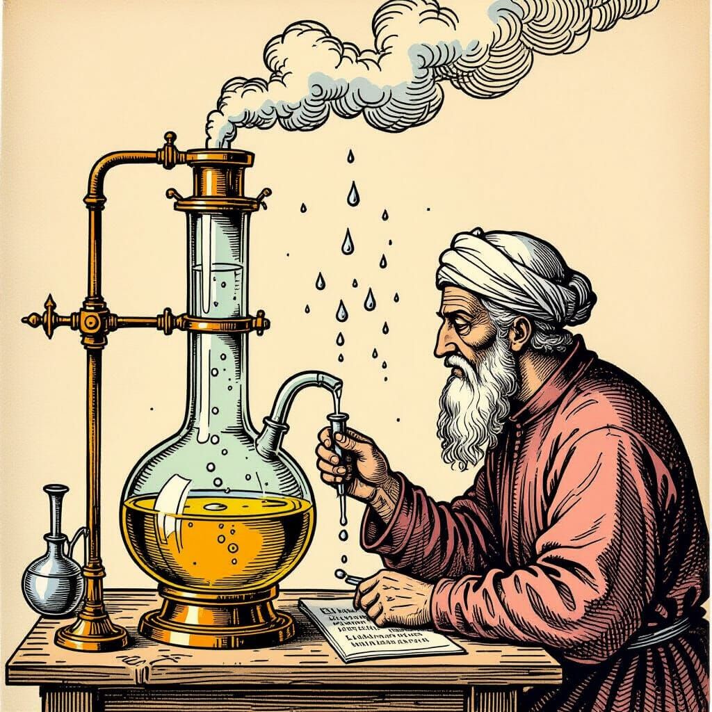 Jābir ibn Hayyān's Early Distillation Apparatus Etching